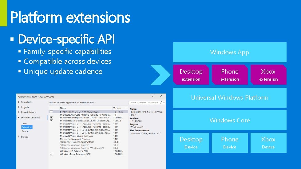 Platform extensions § Device-specific API § Family-specific capabilities § Compatible across devices § Unique