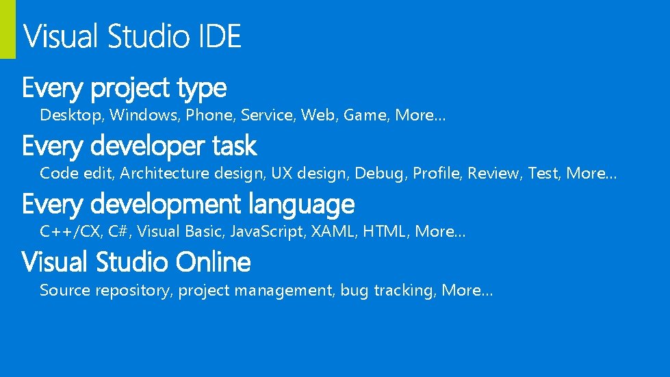 Every project type Desktop, Windows, Phone, Service, Web, Game, More… Every developer task Code