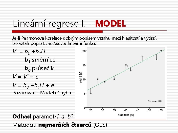 Lineární regrese I. - MODEL Je-li Pearsonova korelace dobrým popisem vztahu mezi hlasitostí a