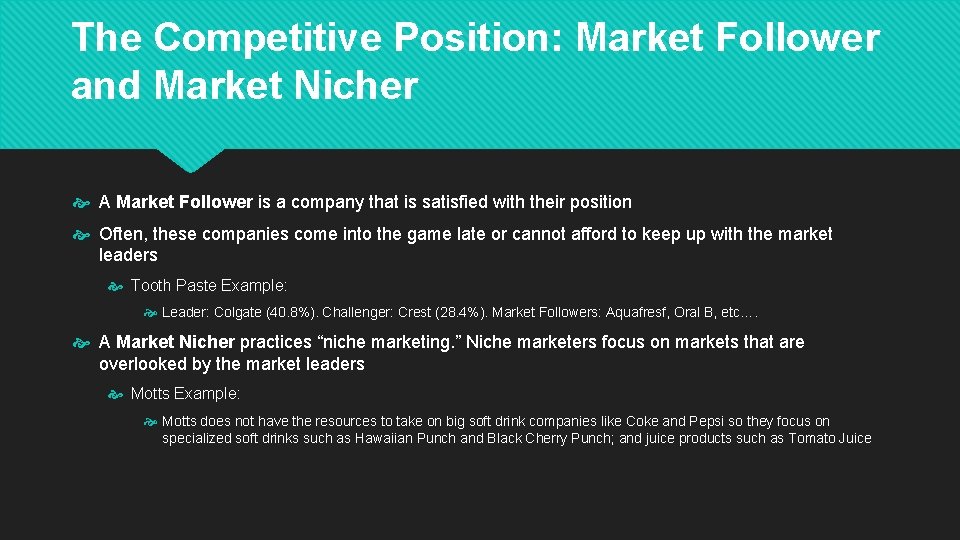 The Competitive Position: Market Follower and Market Nicher A Market Follower is a company
