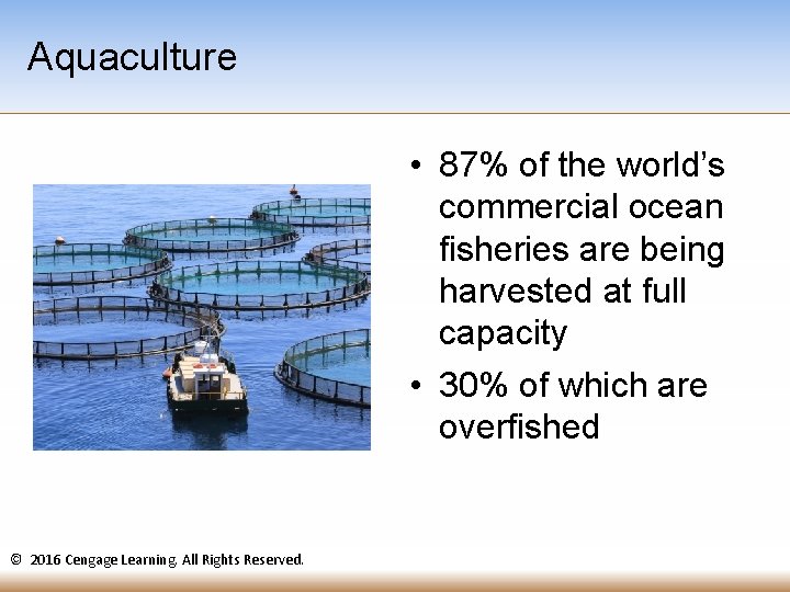 Aquaculture • 87% of the world’s commercial ocean fisheries are being harvested at full