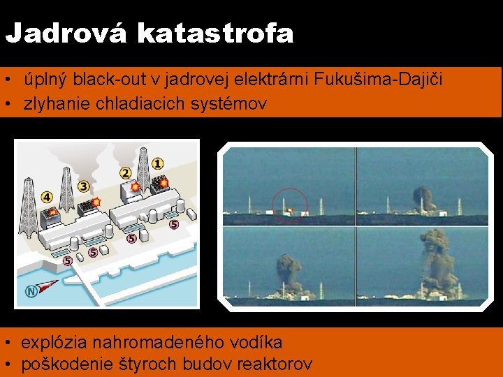 Jadrová katastrofa • úplný black-out v jadrovej elektrárni Fukušima-Dajiči • zlyhanie chladiacich systémov •