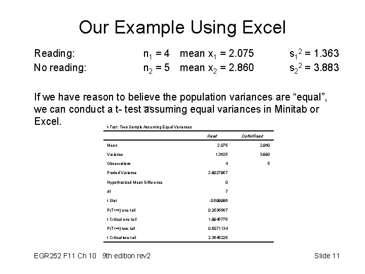 Our Example Using Excel Reading: No reading: n 1 = 4 mean x 1