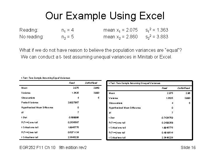 Our Example Using Excel Reading: No reading: n 1 = 4 n 2 =