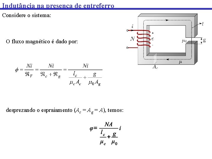 Indutância na presença de entreferro Considere o sistema: O fluxo magnético é dado por: