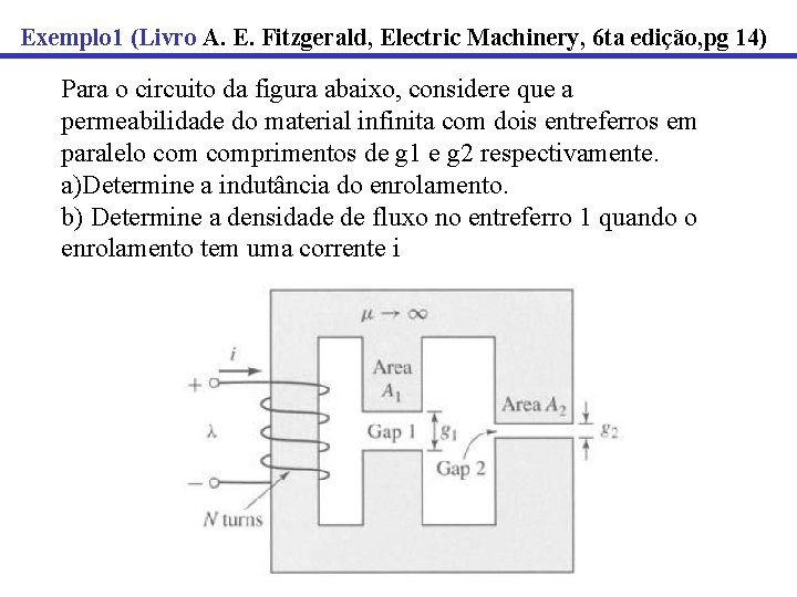 Exemplo 1 (Livro A. E. Fitzgerald, Electric Machinery, 6 ta edição, pg 14) Para