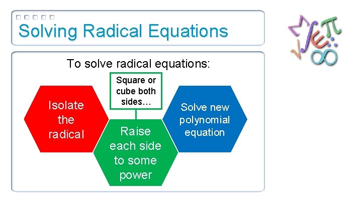 Solving Radical Equations To solve radical equations: Isolate the 1 Step radical Square or