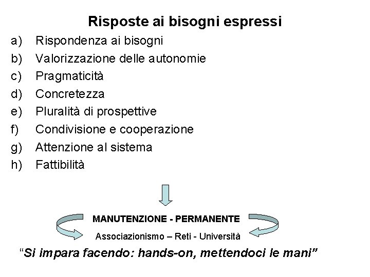 Risposte ai bisogni espressi a) b) c) d) e) f) g) h) Rispondenza ai