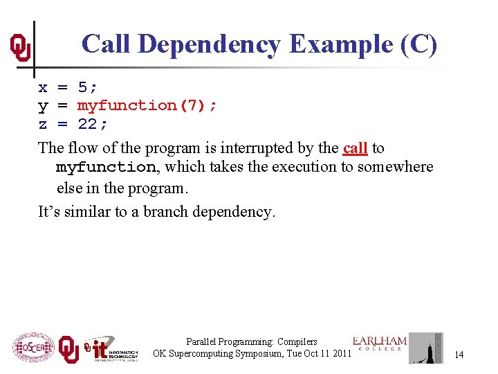 Call Dependency Example (C) x = 5; y = myfunction(7); z = 22; The