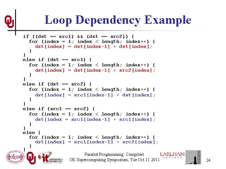Loop Dependency Example if ((dst == src 1) && (dst == src 2)) {
