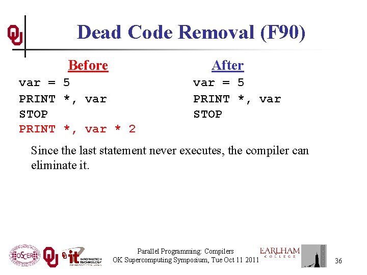 Dead Code Removal (F 90) Before After var = 5 PRINT *, var STOP
