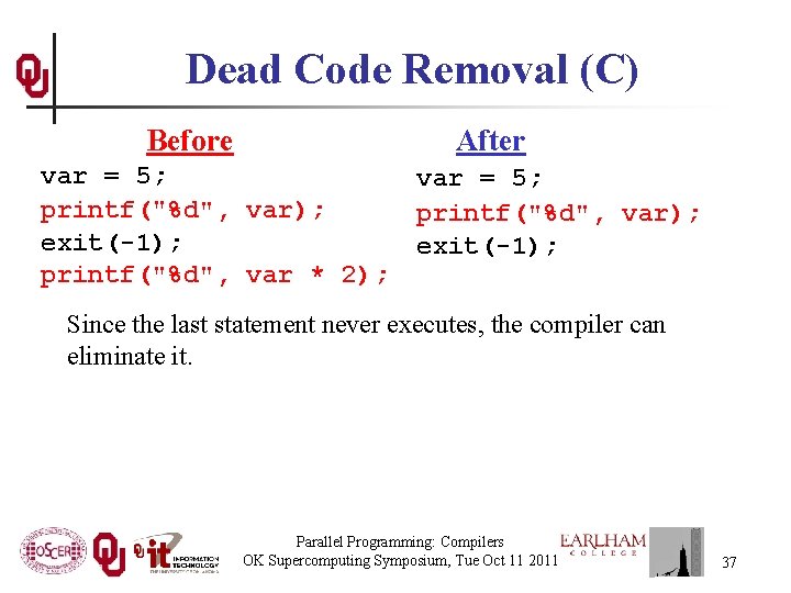 Dead Code Removal (C) Before After var = 5; printf("%d", var); exit(-1); printf("%d", var