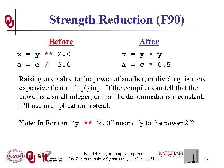 Strength Reduction (F 90) Before x = y ** 2. 0 a = c