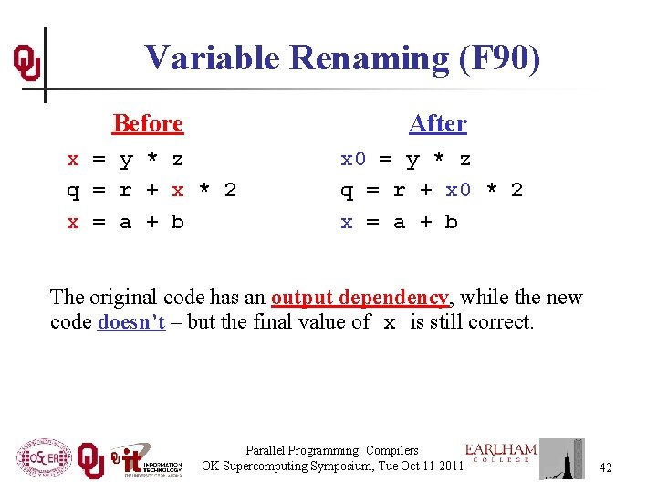 Variable Renaming (F 90) Before After x = y * z q = r