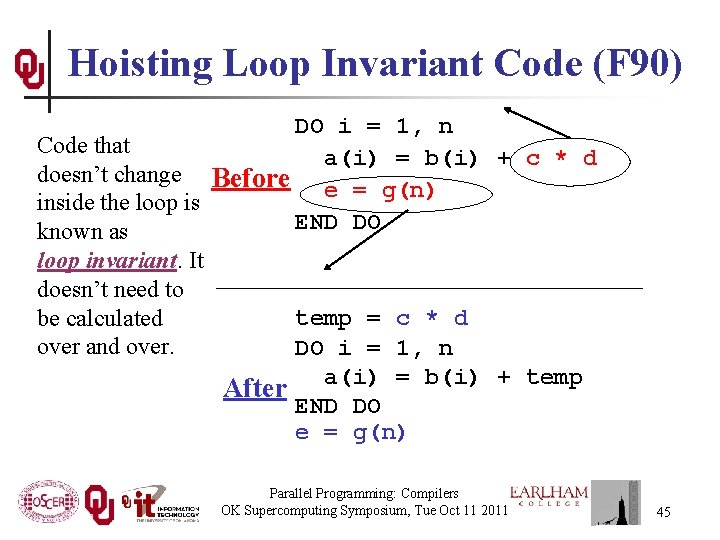 Hoisting Loop Invariant Code (F 90) DO i = 1, n Code that a(i)