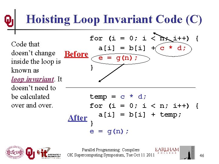 Hoisting Loop Invariant Code (C) for (i = 0; i < n; i++) {