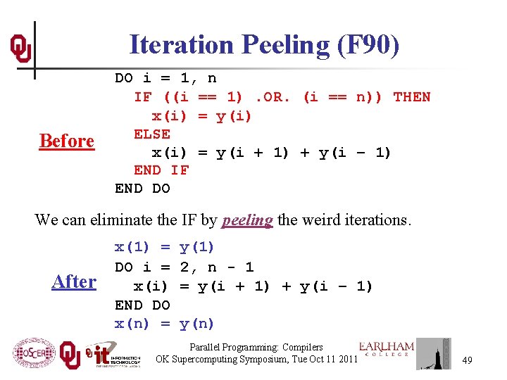 Iteration Peeling (F 90) Before DO i = 1, n IF ((i == 1).