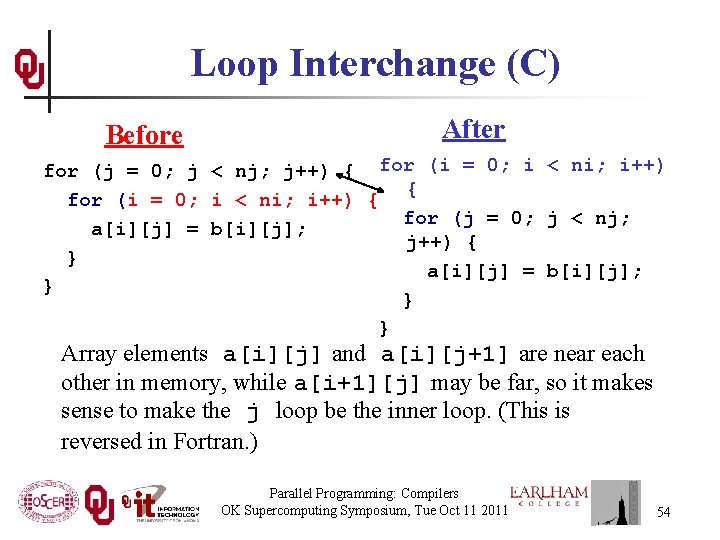 Loop Interchange (C) Before After for (j = 0; j < nj; j++) {