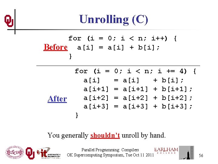 Unrolling (C) for (i = 0; i < n; i++) { Before a[i] =