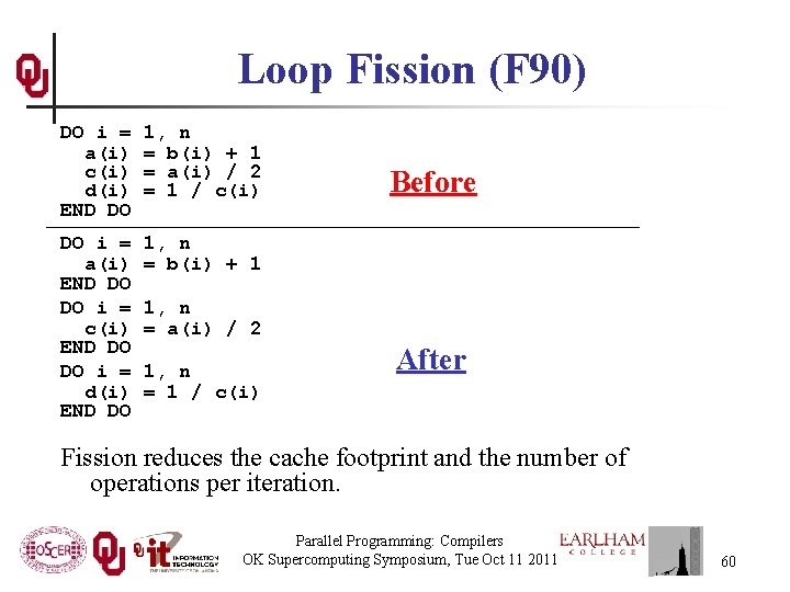 Loop Fission (F 90) DO i = a(i) c(i) d(i) END DO 1, n