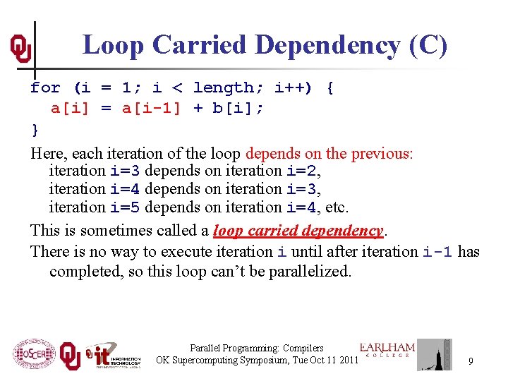 Loop Carried Dependency (C) for (i = 1; i < length; i++) { a[i]