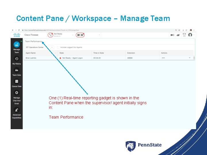 Content Pane / Workspace – Manage Team One (1) Real-time reporting gadget is shown