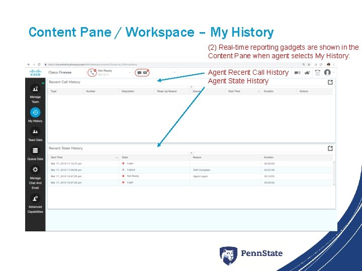 Content Pane / Workspace – My History (2) Real-time reporting gadgets are shown in