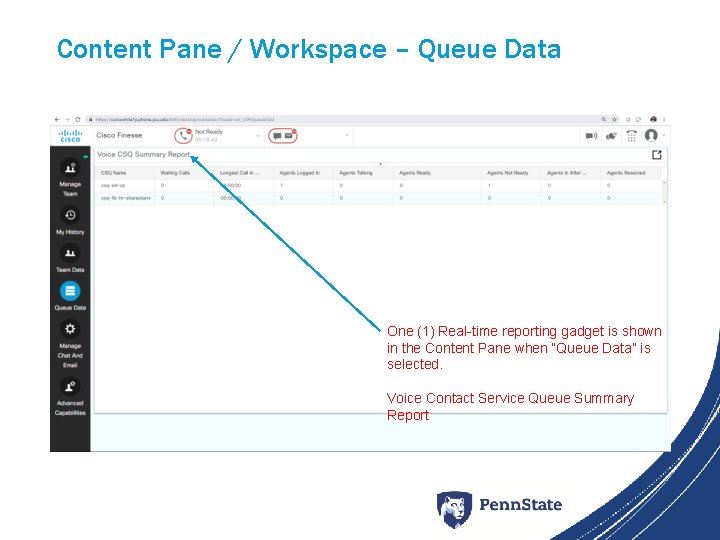 Content Pane / Workspace – Queue Data One (1) Real-time reporting gadget is shown