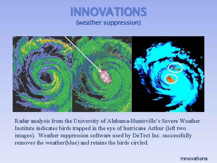 INNOVATIONS (weather suppression) Radar analysis from the University of Alabama-Huntsville’s Severe Weather Institute indicates INNOVATIONS (weather suppression) Radar analysis from the University of Alabama-Huntsville’s Severe Weather Institute indicates