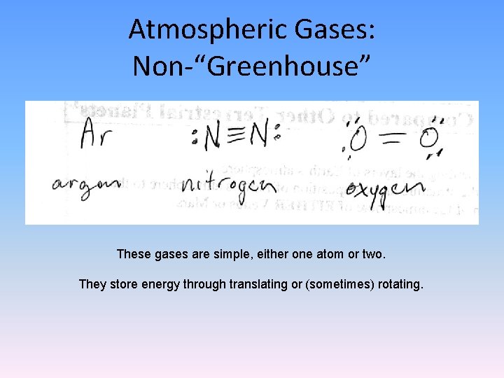 Atmospheric Gases: Non-“Greenhouse” These gases are simple, either one atom or two. They store