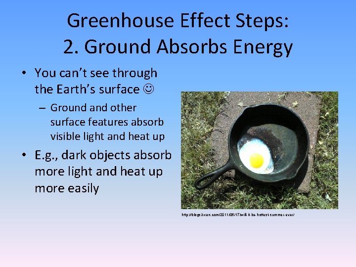 Greenhouse Effect Steps: 2. Ground Absorbs Energy • You can’t see through the Earth’s
