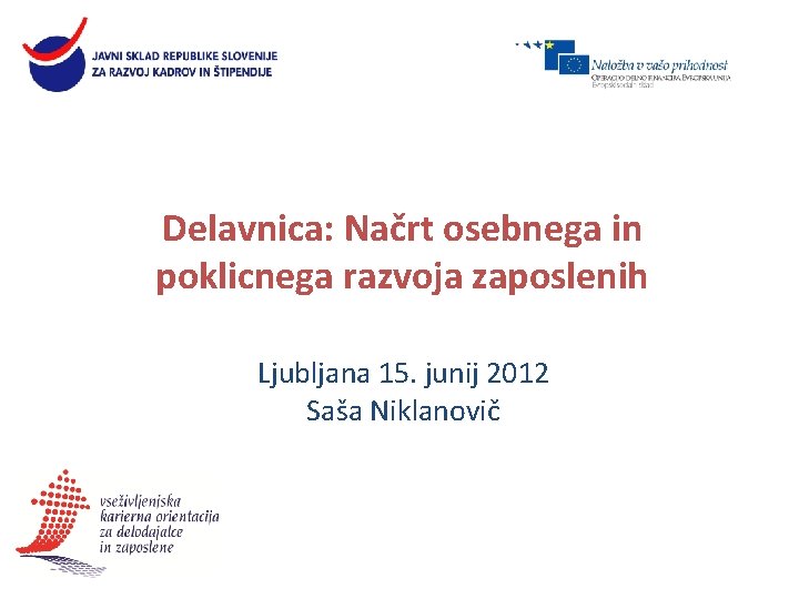 Delavnica: Načrt osebnega in poklicnega razvoja zaposlenih Ljubljana 15. junij 2012 Saša Niklanovič 