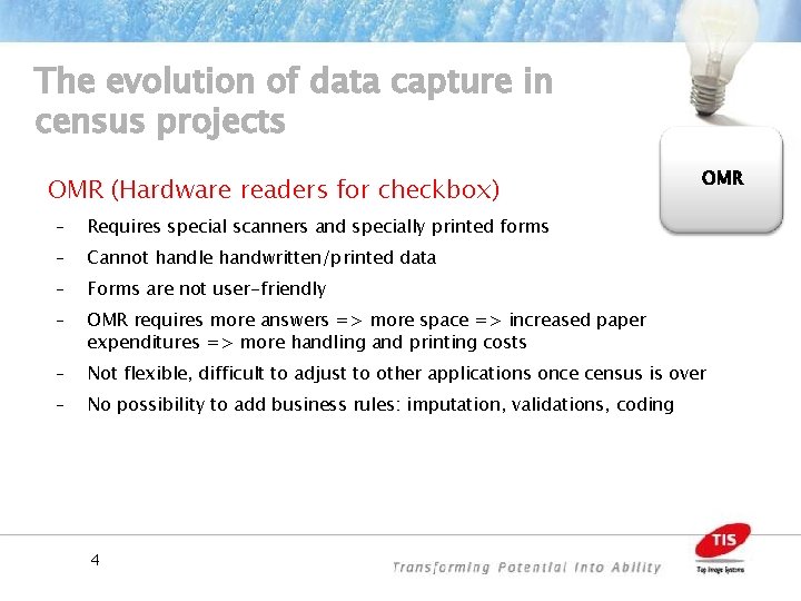 The evolution of data capture in census projects OMR (Hardware readers for checkbox) OMR