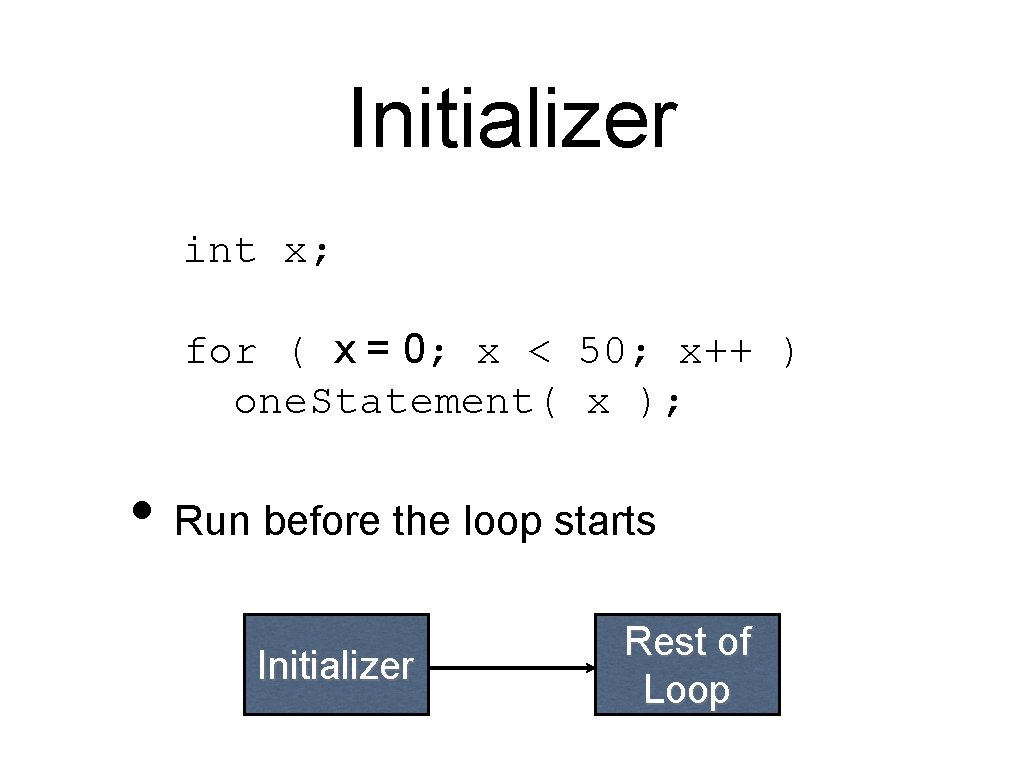 Initializer int x; for ( x = 0; x < 50; x++ ) one.