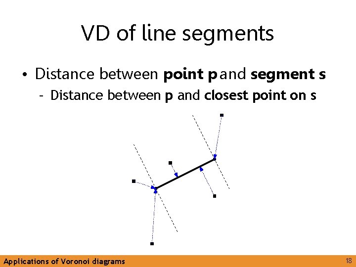 VD of line segments • Distance between point p and segment s – Distance