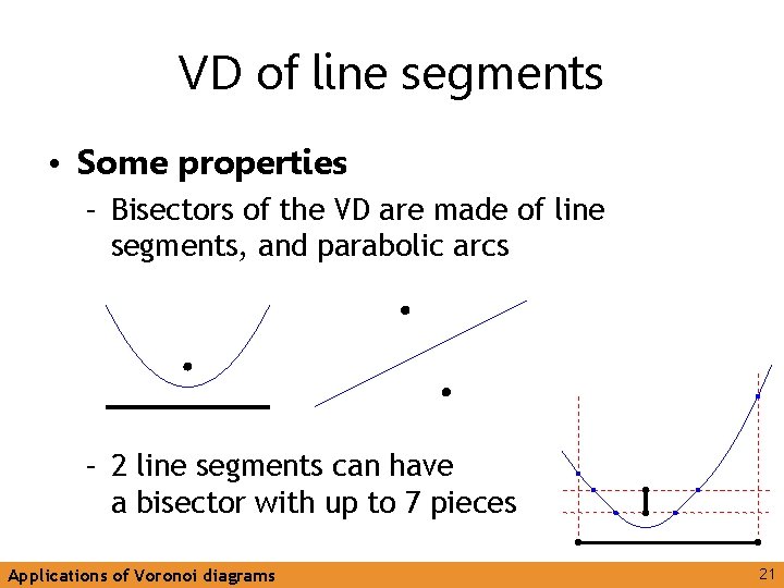 VD of line segments • Some properties – Bisectors of the VD are made