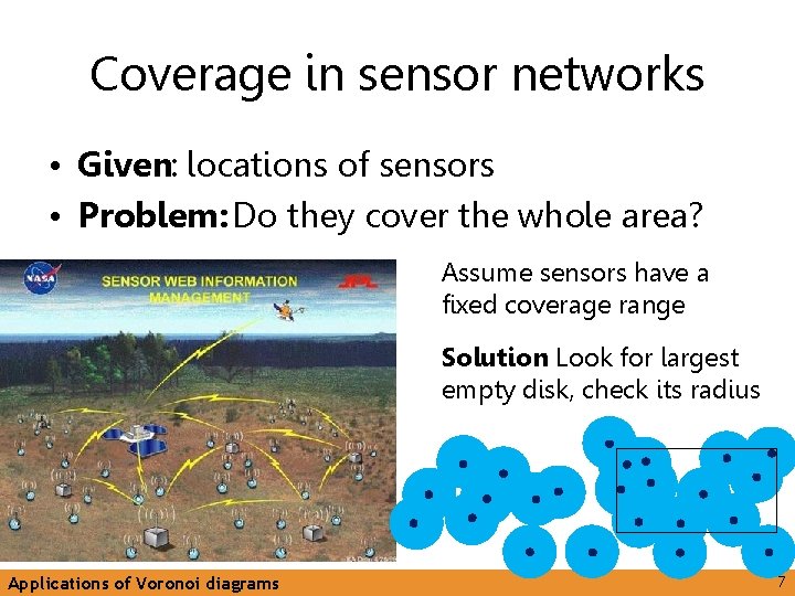 Coverage in sensor networks • Given: locations of sensors • Problem: Do they cover