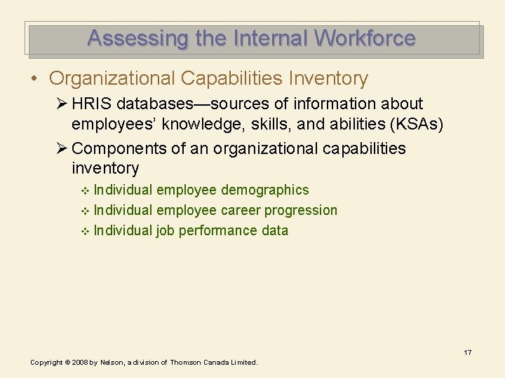 Assessing the Internal Workforce • Organizational Capabilities Inventory Ø HRIS databases—sources of information about Assessing the Internal Workforce • Organizational Capabilities Inventory Ø HRIS databases—sources of information about