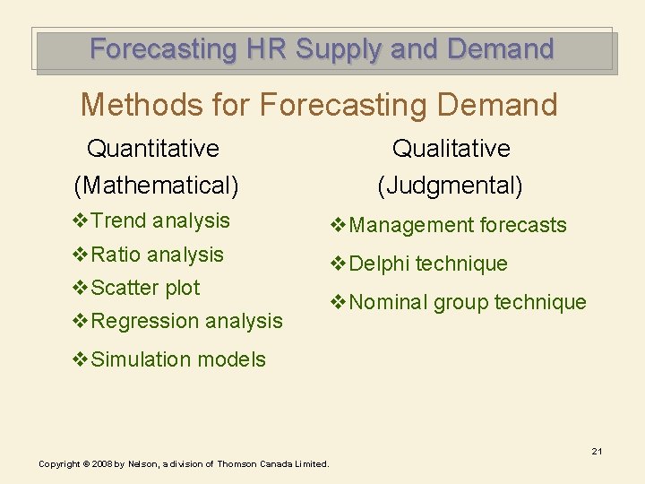 Forecasting HR Supply and Demand Methods for Forecasting Demand Quantitative (Mathematical) Qualitative (Judgmental) v. Forecasting HR Supply and Demand Methods for Forecasting Demand Quantitative (Mathematical) Qualitative (Judgmental) v.