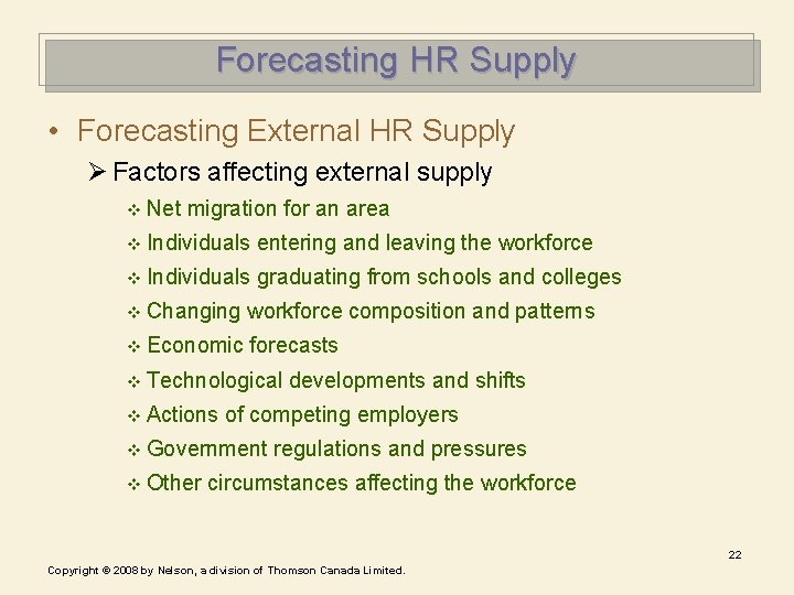 Forecasting HR Supply • Forecasting External HR Supply Ø Factors affecting external supply v Forecasting HR Supply • Forecasting External HR Supply Ø Factors affecting external supply v