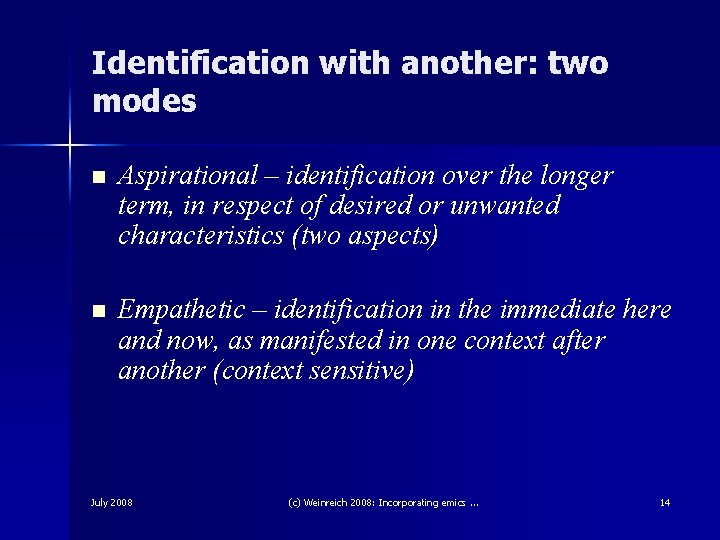 Identification with another: two modes n Aspirational – identification over the longer term, in