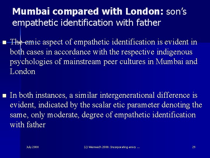 Mumbai compared with London: son’s empathetic identification with father n The emic aspect of