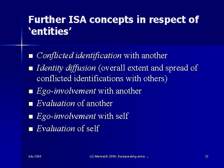Further ISA concepts in respect of ‘entities’ n n n Conflicted identification with another