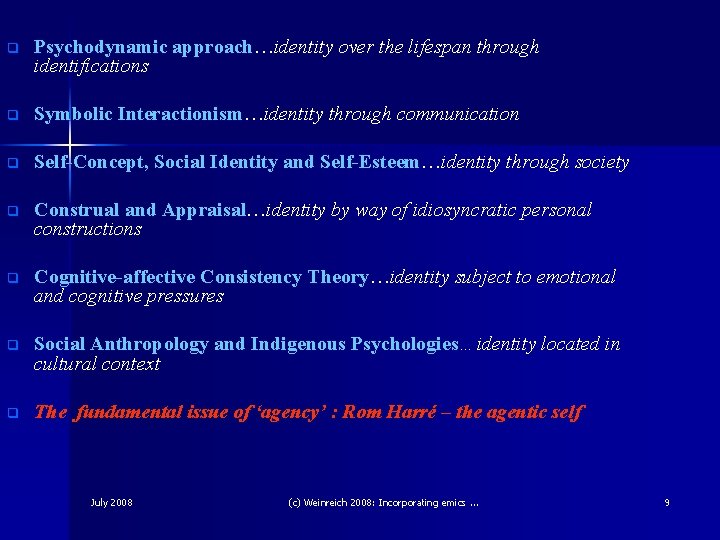 q Psychodynamic approach…identity over the lifespan through identifications q Symbolic Interactionism…identity through communication q