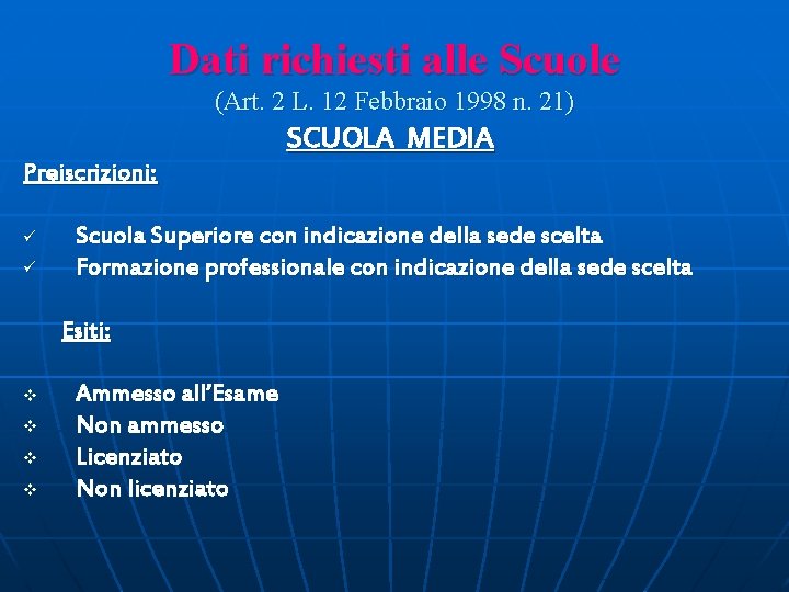 Dati richiesti alle Scuole (Art. 2 L. 12 Febbraio 1998 n. 21) SCUOLA MEDIA