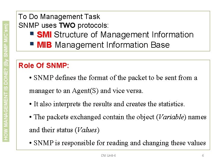 HOW MANAGEMENT IS DONE? (By SNMP M/C’sm) To Do Management Task SNMP uses TWO