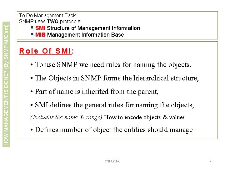 HOW MANAGEMENT IS DONE? (By SNMP M/C’sm) To Do Management Task SNMP uses TWO