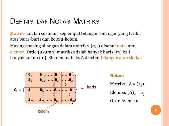 DEFINISI DAN NOTASI MATRIKS A= a 11 a 21 : ai 1 : am