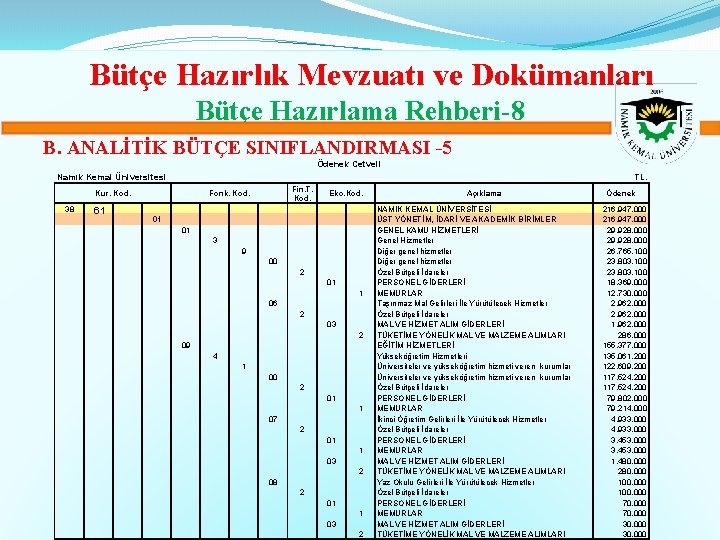 Bütçe Hazırlık Mevzuatı ve Dokümanları Bütçe Hazırlama Rehberi-8 B. ANALİTİK BÜTÇE SINIFLANDIRMASI -5 Ödenek