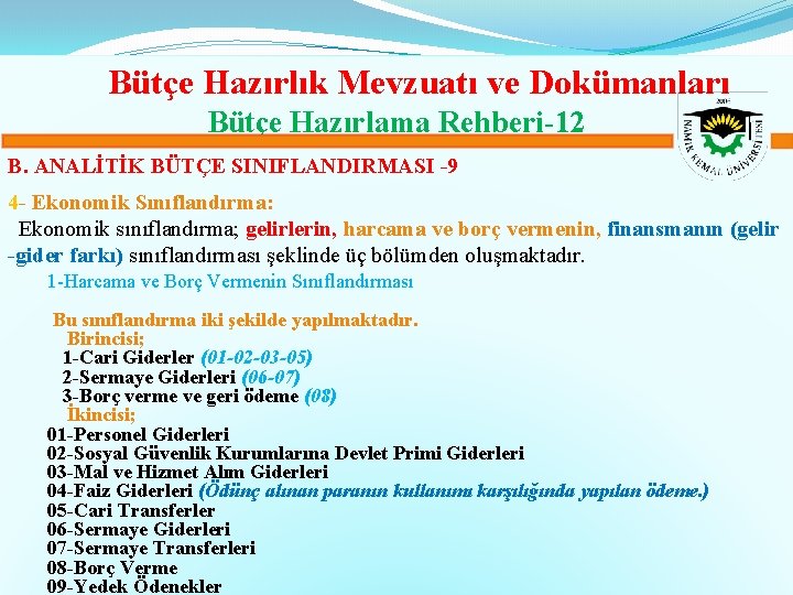 Bütçe Hazırlık Mevzuatı ve Dokümanları Bütçe Hazırlama Rehberi-12 B. ANALİTİK BÜTÇE SINIFLANDIRMASI -9 4